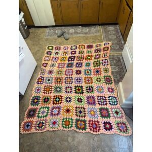 Vintage Granny Square Crochet Blanket Afghan Colorful Throw Handmade